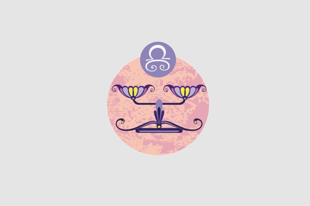 Ilustração do signo de Libra, com uma balança estilizada de pratos floridos, dentro de um círculo rosado. O fundo da imagem é composto pela cor cinza