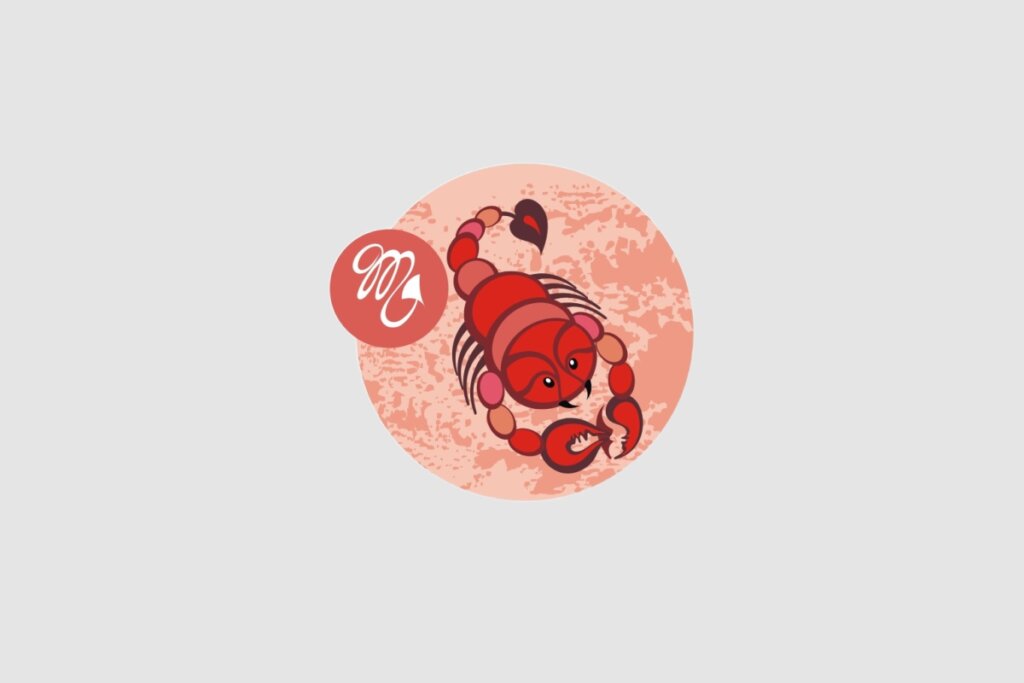 Ilustração do signo de Escorpião, com um escorpião vermelho de aparência detalhada e cauda curva, dentro de um círculo rosado. O fundo da imagem é composto pela cor cinza