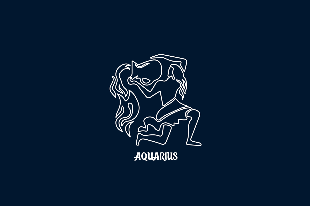 Uma ilustração branca de linha única do signo de Aquário em um fundo azul escuro, com o texto "AQUARIUS" abaixo.