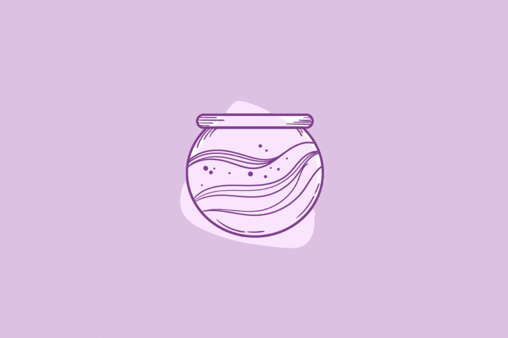 Uma ilustração em tons de lilás de um vaso representando o signo de aquário, com linhas onduladas e bolhas dentro.