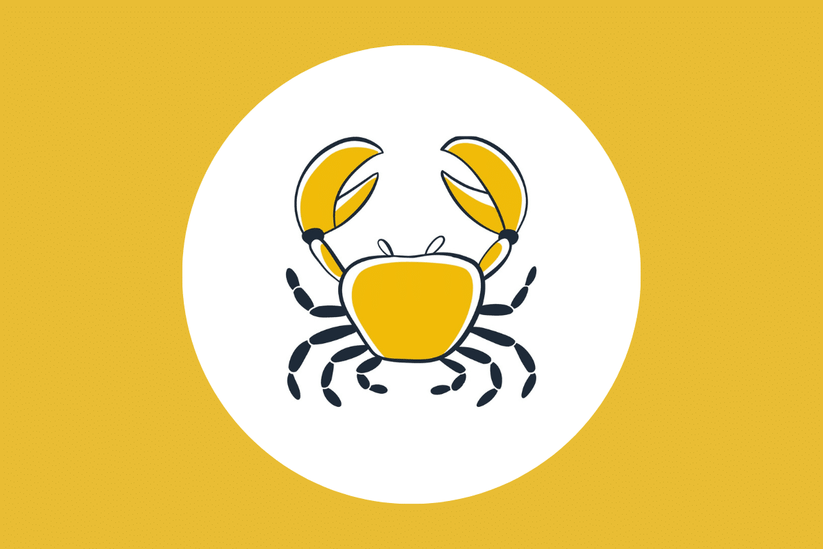 Ilustração minimalista de um caranguejo com pernas pretas e corpo e garras amarelas, dentro de um círculo branco sobre um fundo dourado.