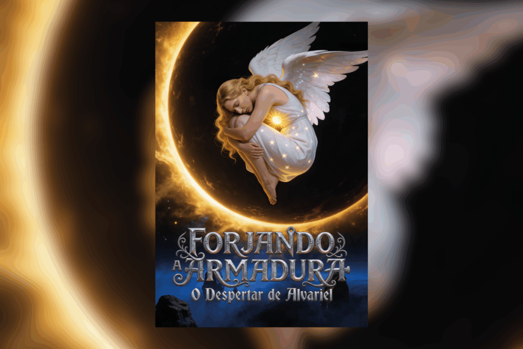 Capa de livro, com título e nome do autor escrito em cinza, com um eclipse e com um anjo adormecido dentro