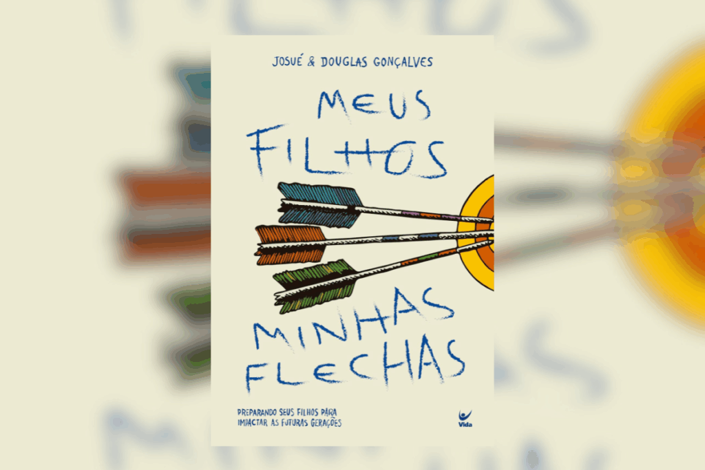 Capa de livro bege com nome do autor e título em azul e ilustração de flechas coloridas em alvo colorido.