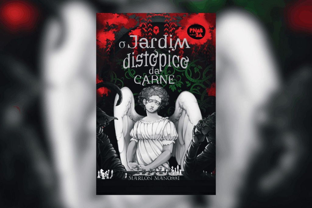 Capa de livro com floresta em verde e vermelho, com título e nome do autor em cinza e com imagem de um anjo em preto e branco