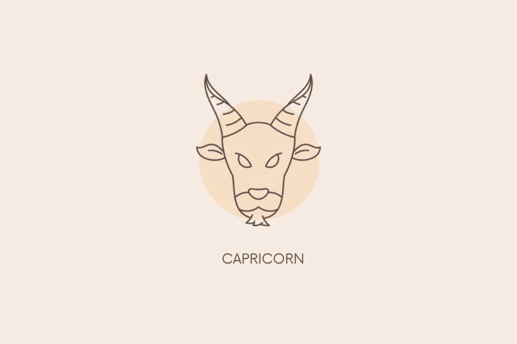 Ilustração em linhas finas da cabeça de uma cabra com chifres e barba, com um círculo bege ao fundo e a palavra "CAPRICORN" abaixo