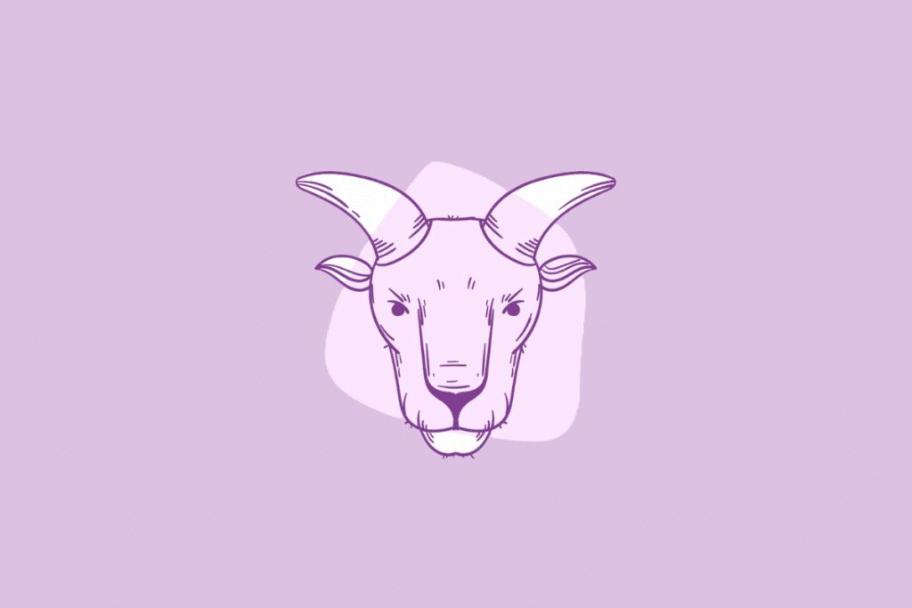Uma ilustração em linha roxa da cabeça de uma cabra, representando o signo de Capricórnio.