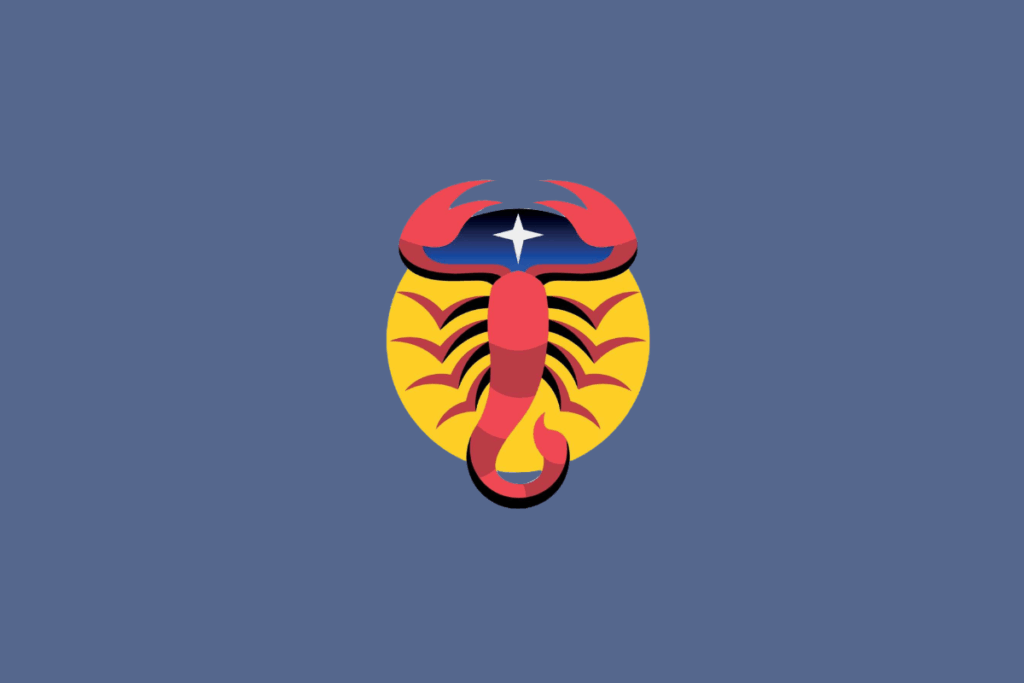 Ilustração do signo de Escorpião, mostrando um escorpião vermelho visto de cima com uma estrela branca no topo de sua carapaça, sobre um círculo amarelo.