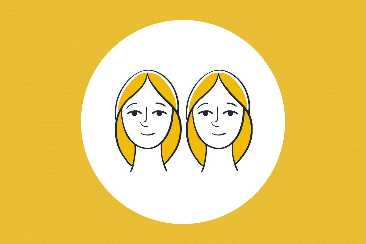 Ilustração minimalista de duas faces femininas idênticas com cabelo amarelo, uma ao lado da outra, dentro de um círculo branco sobre um fundo dourado.