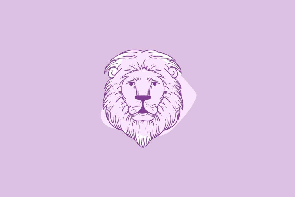 Uma ilustração em linha roxa da cabeça de um leão com juba, representando o signo de Leão.