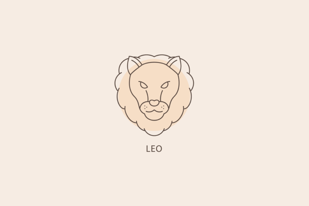 Ilustração em linhas finas da cabeça de um leão com sua juba, com um círculo bege ao fundo e a palavra "LEO" abaixo.