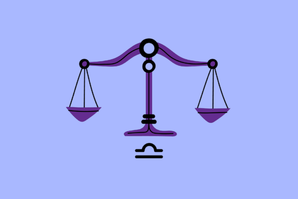 Ilustração em tons de roxo e preto de uma balança estilizada representando o signo de Libra, com o símbolo astrológico na parte inferior, sobre fundo lilás.
