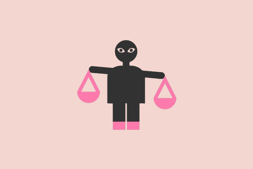 Ilustração estilizada de uma figura humana preta segurando duas bacias de balança na cor rosa-choque em equilíbrio, sobre um fundo rosa-claro.