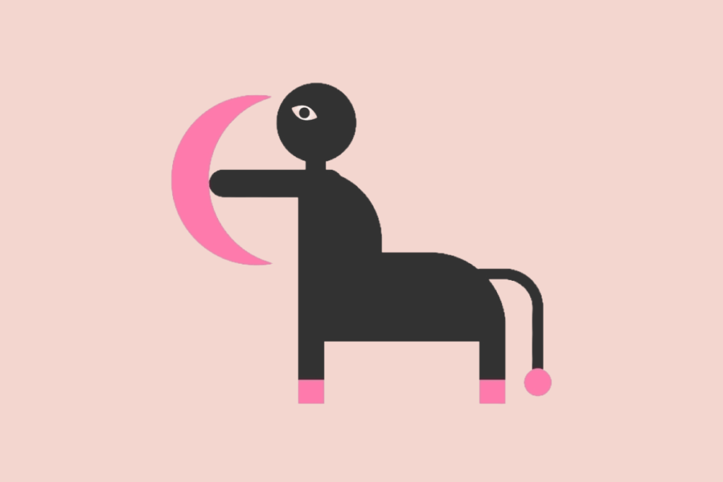 Ilustração estilizada de um centauro preto com um arco e flecha rosa, sobre um fundo rosa-claro.