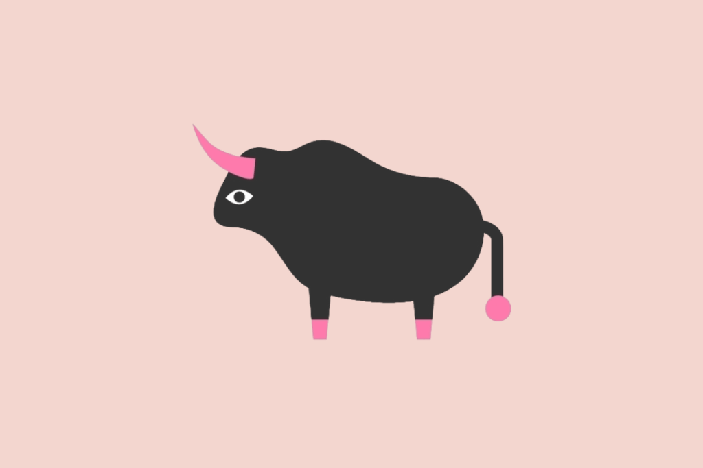Ilustração estilizada de um touro preto com um chifre rosa, sobre um fundo rosa-claro.