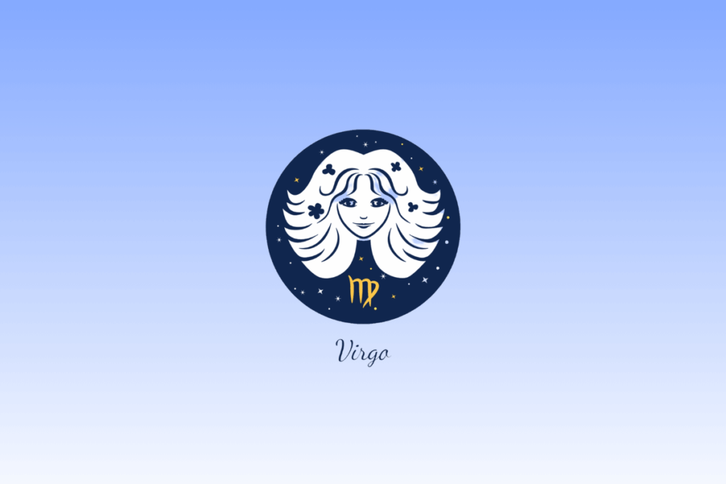 Ilustração do signo de Virgem com o rosto de uma mulher branca de cabelos longos e floridos dentro de um círculo azul-escuro estrelado, acompanhado pelo símbolo em amarelo e o nome "Virgo" escrito abaixo.