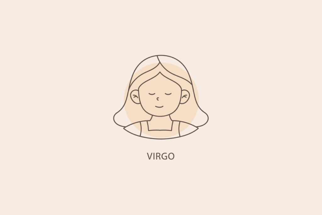 Ilustração em linhas finas do rosto de uma mulher com cabelos longos e olhos fechados, com um círculo bege ao fundo e a palavra "VIRGO" abaixo.