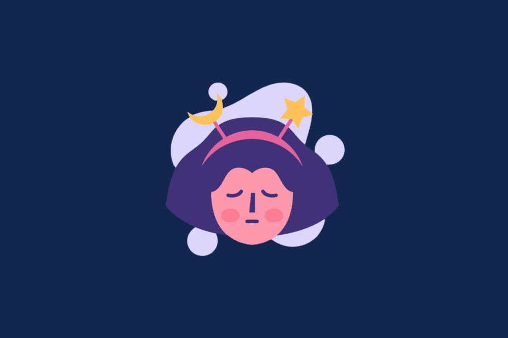 Ilustração estilizada do signo de Virgem sobre um fundo azul-escuro. A imagem apresenta o rosto de uma jovem com cabelos roxos curtos, bochechas rosadas e olhos fechados, como se estivesse em meditação. Ela usa uma tiara rosa com pequenas hastes que sustentam uma lua crescente amarela e uma estrela. O rosto está sobreposto a formas abstratas na cor lilás.
