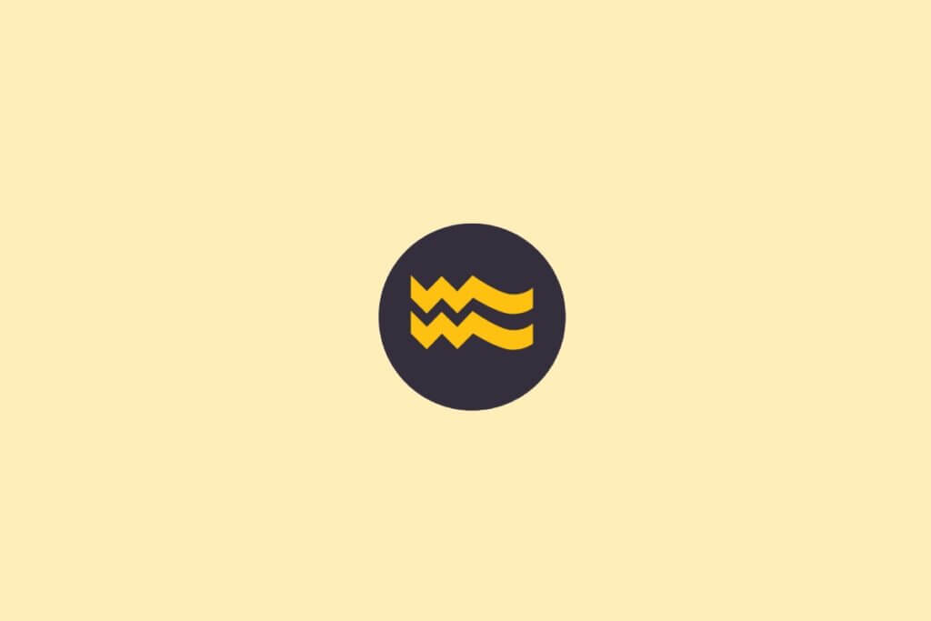Um símbolo do signo de Aquário em amarelo, dentro de um círculo escuro, sobre um fundo claro bege