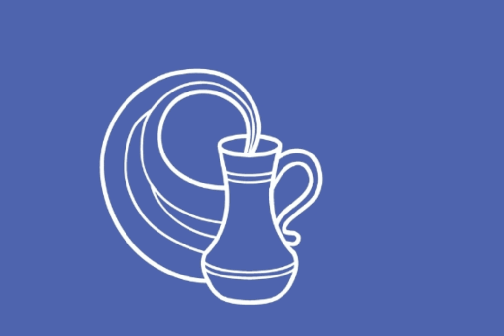 A imagem apresenta uma ilustração minimalista que representa o signo de Aquário. Sobre um fundo azul uniforme, há um desenho feito com linhas brancas, localizado na região central. A figura mostra um jarro inclinado, do qual parece sair um fluxo de água.