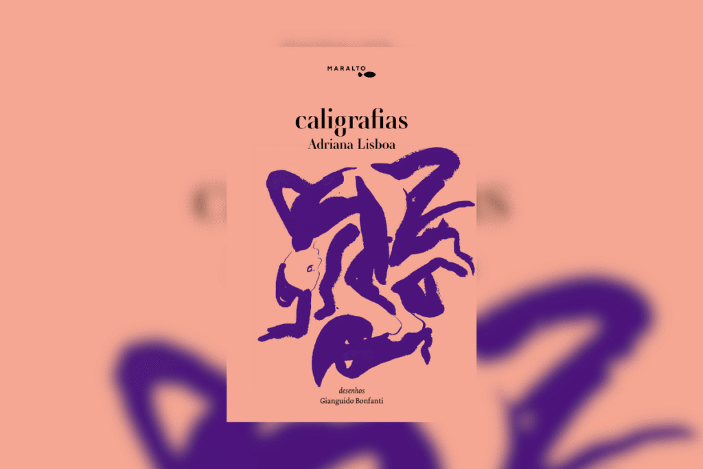 Capa do livro "Caligrafias", com a ilustração de rabiscos em azul sobre fundo bege-claro