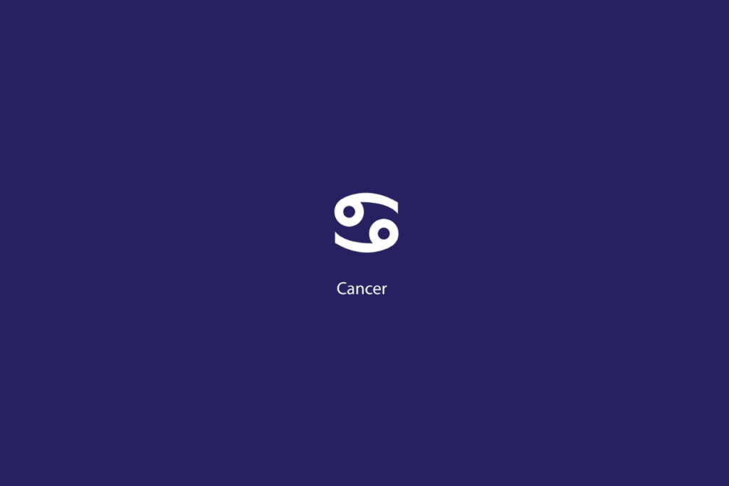 Ilustração do signo de Câncer em branco, com o nome abaixo, centralizado, sobre um fundo azul-escuro