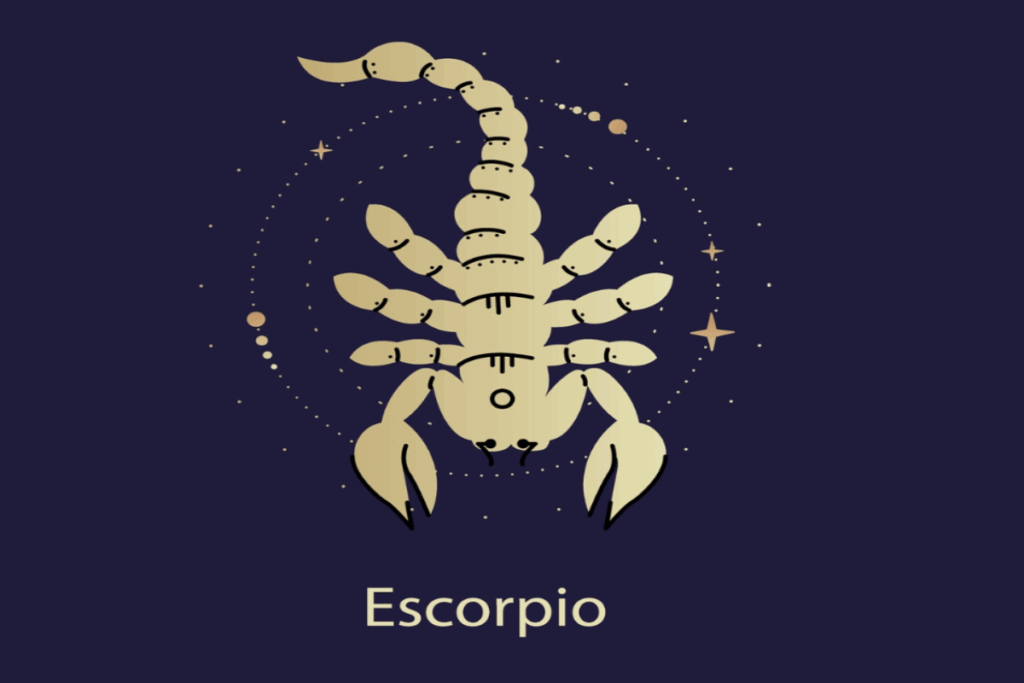 Ilustração amarela do símbolo e do nome do signo de escorpião sobre fundo azul-escuro