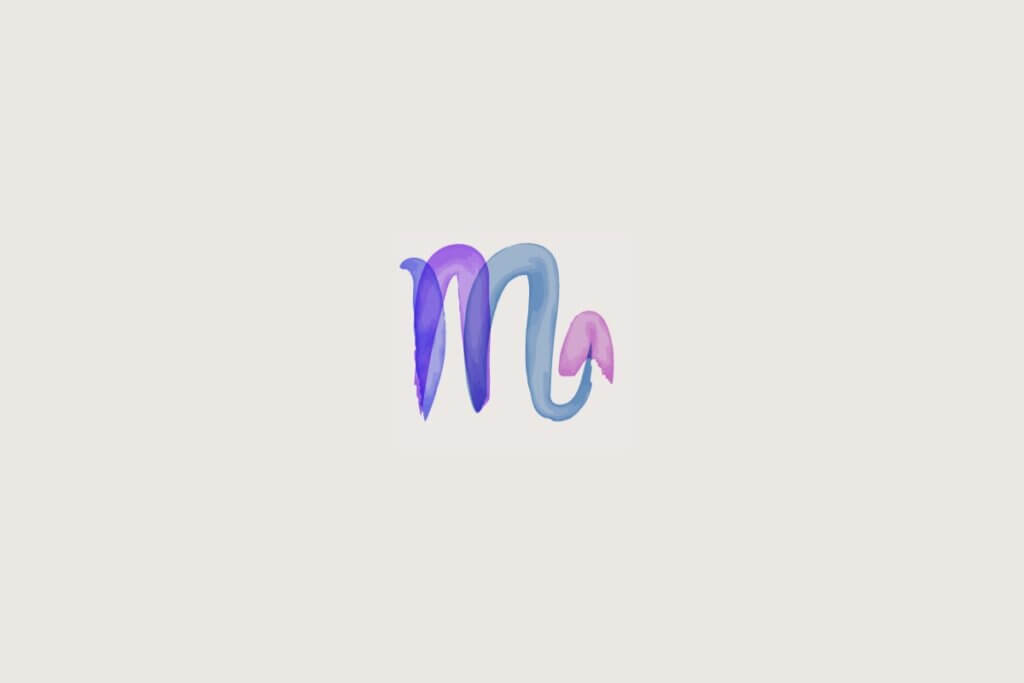 Ilustração do signo de escorpião em roxo sobre um fundo cinza
