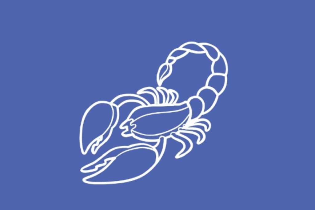 A imagem apresenta uma representação estilizada de um escorpião, símbolo associado ao signo de Escorpião. O animal está centralizado sobre um fundo azul e é desenhado apenas com linhas brancas.