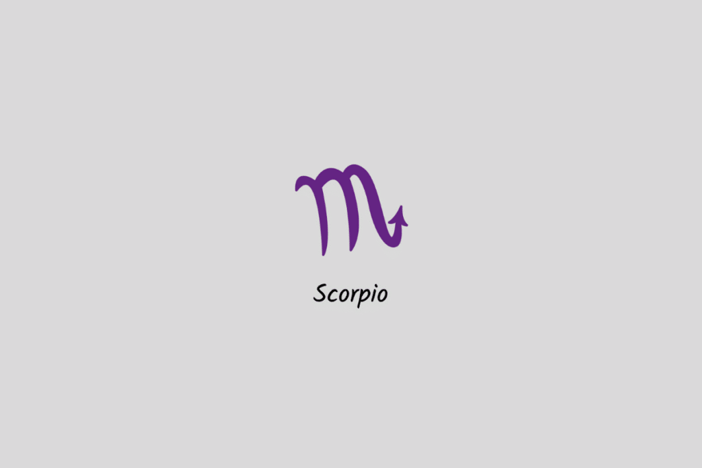 Ilustração do signo de Escorpião em roxo, com o nome abaixo, centralizada sobre um fundo cinza-claro