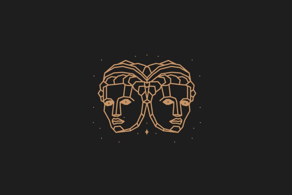 Ilustração do signo de gêmeos em dourado, com estrelas ao redor, centralizada sobre fundo preto