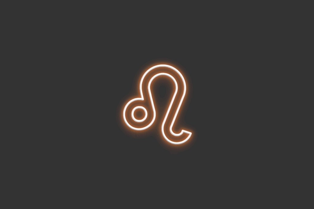 Ilustração do signo de Leão, em fundo cinza-escuro, contendo o símbolo com um círculo e uma cauda desenhado em neon laranja.