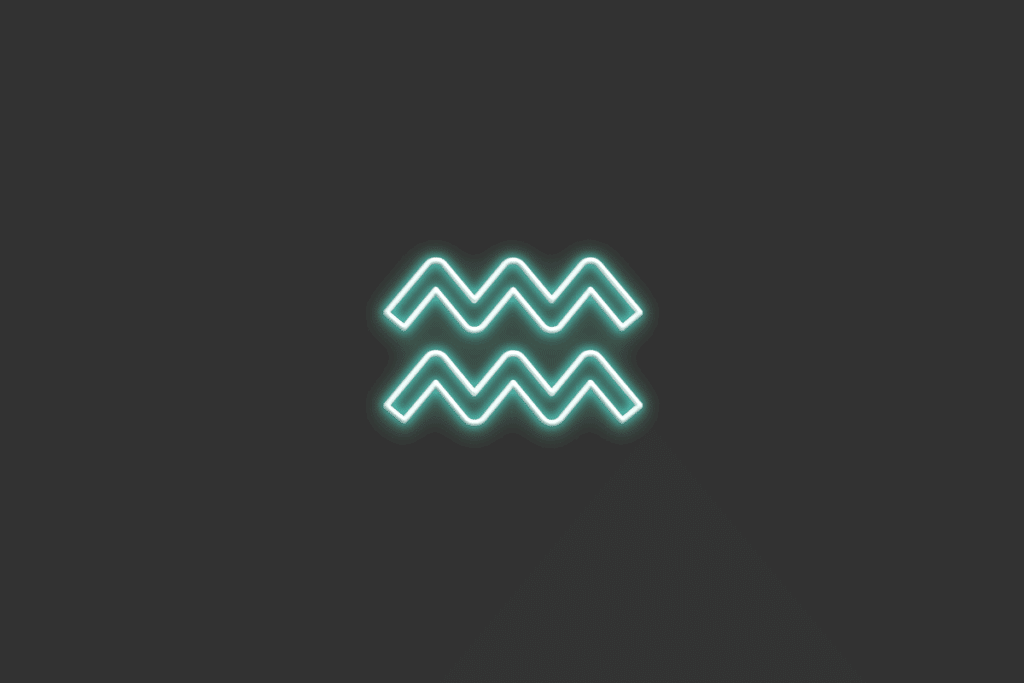 Ilustração do signo de Aquário, em fundo cinza-escuro, contendo o símbolo das correntes de ar desenhado em neon verde-água.