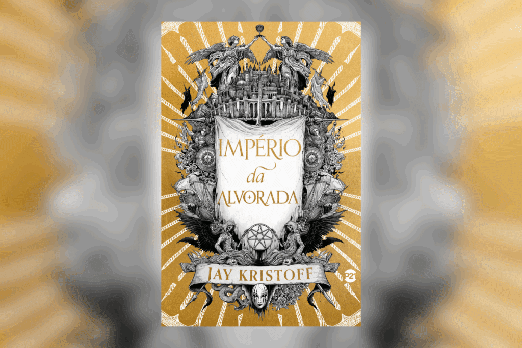 Capa dourada do livro “Império da Alvorada”, com brasão ilustrado em preto e branco. Capa dourada do livro “Império da Alvorada”, com brasão ilustrado em preto e branco.