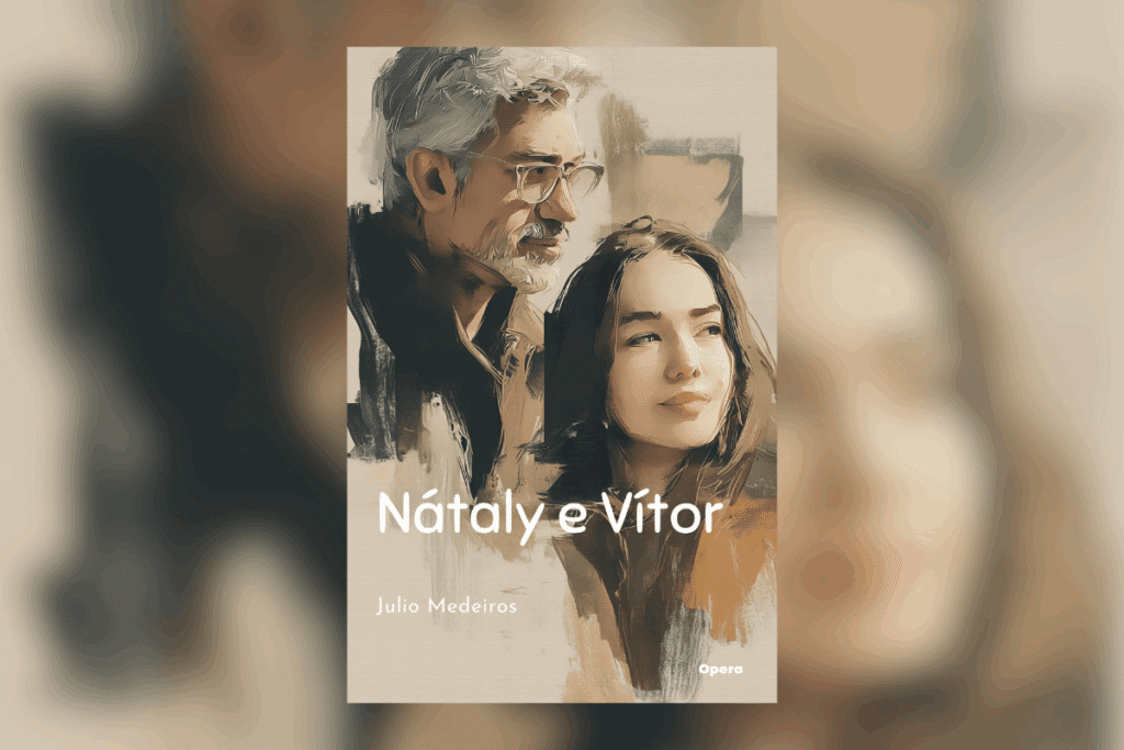 Capa do livro “Nátaly e Vítor”, com o retrato pintado de um homem de óculos e uma jovem.