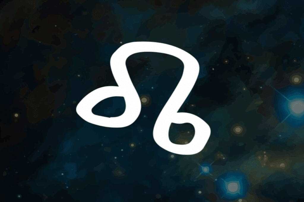 A imagem mostra o símbolo do signo de leão em branco, destacado no centro de um fundo escuro que remete ao espaço, com tons de vermelho, vinho e azul e pequenos pontos luminosos semelhantes a estrelas.
