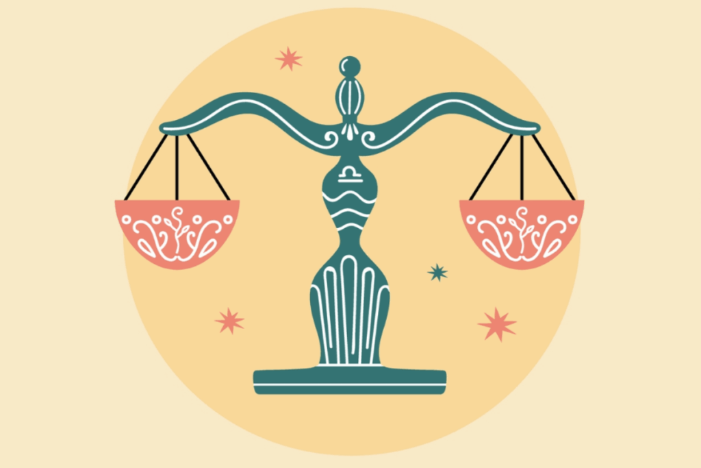 A imagem representa o signo de Libra por meio de uma balança estilizada e simétrica. A estrutura central da balança é verde-azulada, com uma base larga e uma haste ornamentada por linhas brancas. No centro aparece o símbolo astrológico de Libra.