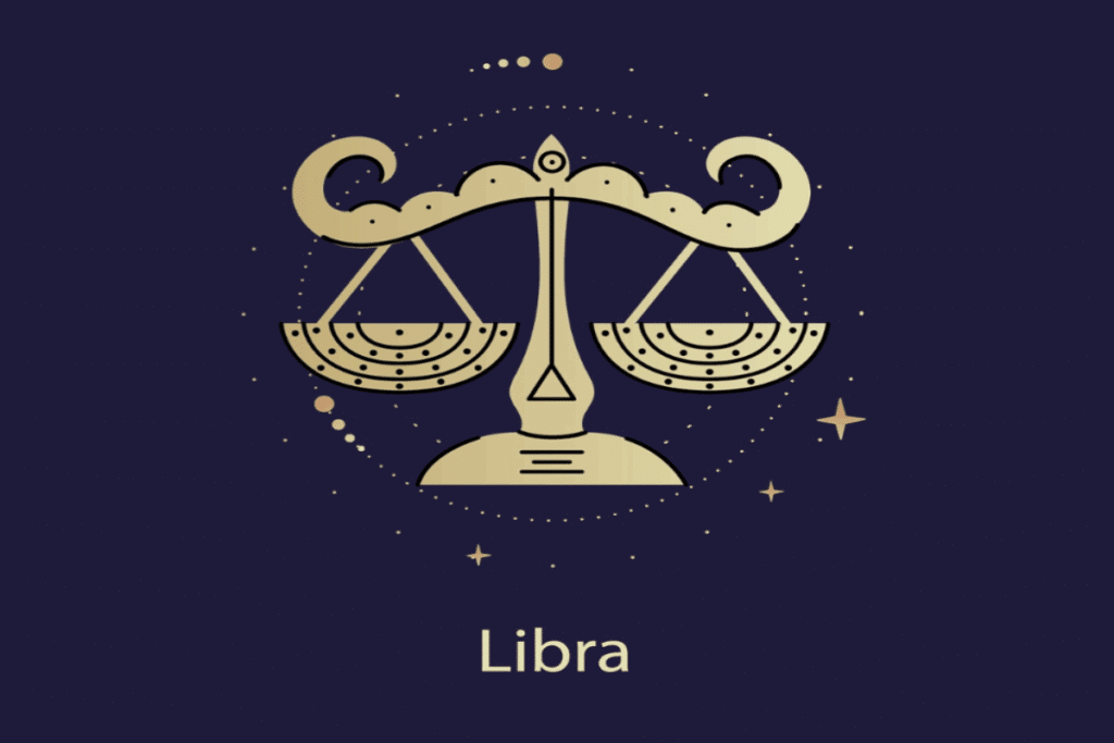 Ilustração amarela do símbolo e do nome do signo de libra sobre fundo azul-escuro