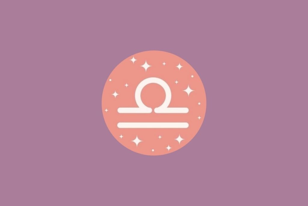 Ilustração de círculo rosa com estrelas e símbolo do signo de libra sobre fundo roxo