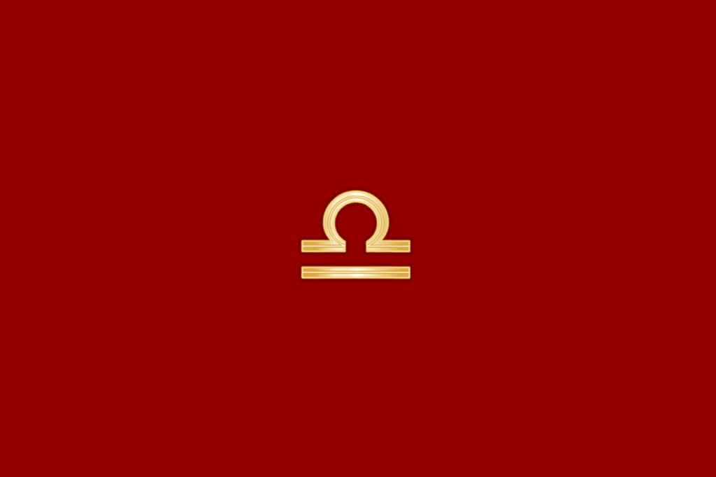 Ilustração do signo de libra em dourado, centralizado em fundo vermelho