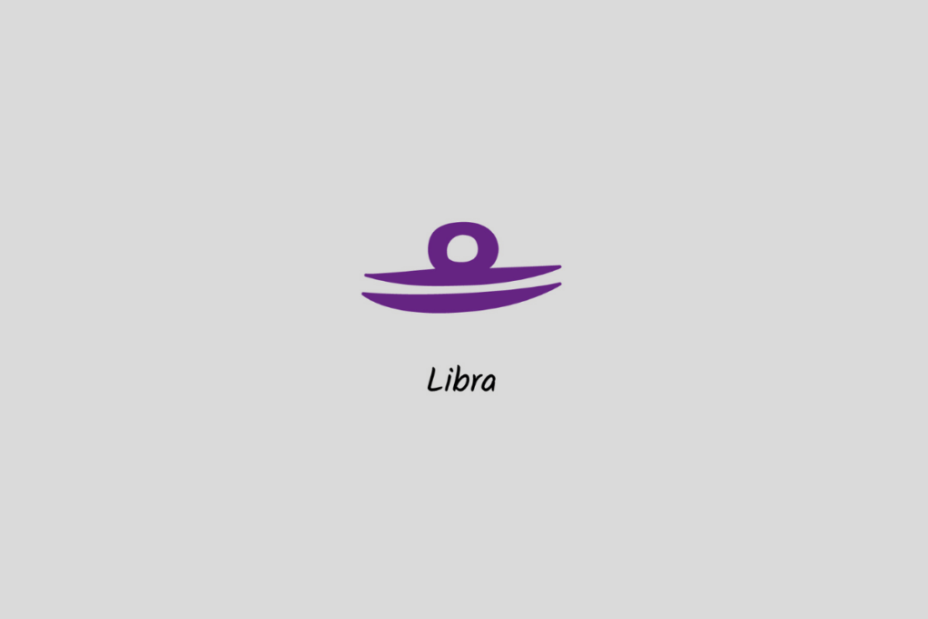 Ilustração do signo de Libra em roxo, com o nome abaixo, centralizada sobre um fundo cinza-claro
