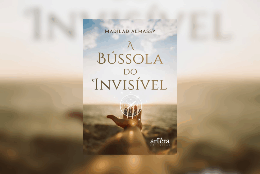 Capa de livro com título e nome do autor escrito em bege e imagem de uma mão com a ilustração de uma bússola ao ar livre