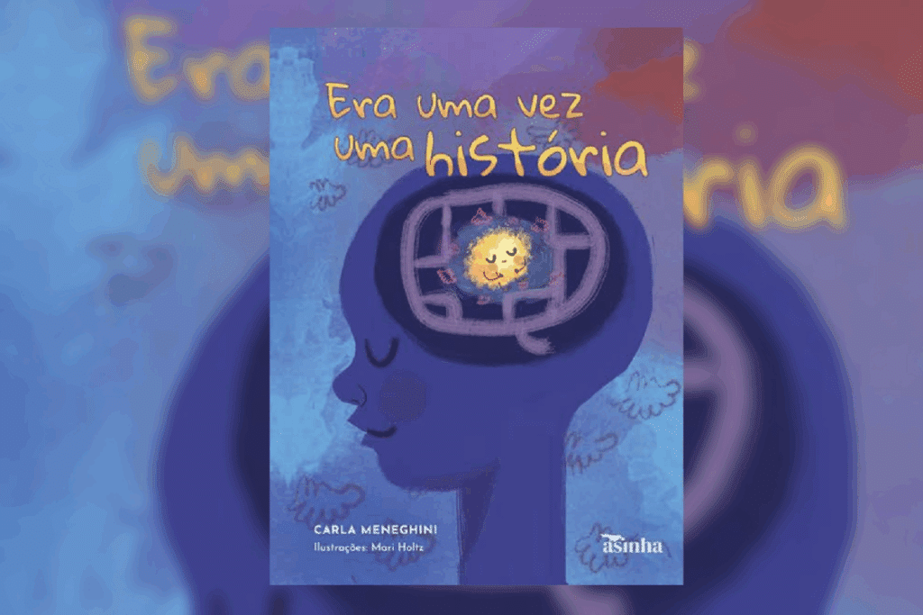Capa de livro azul com título em amarelo e nome do autor em branco, com ilustração de uma criança em azul e com uma bolinha amarela dentro da cabeça brilhando