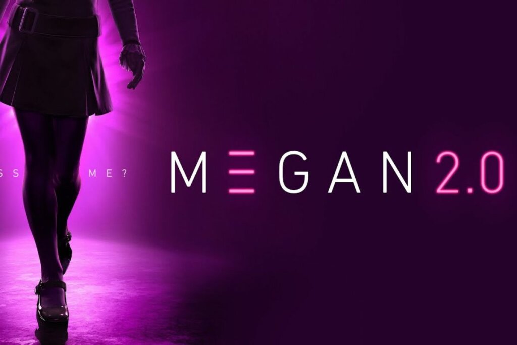 Sombra de uma mulher de salto alto andando ao lado esquerdo e o nome "Megan 2.0" do lado direito. Fundo roxo