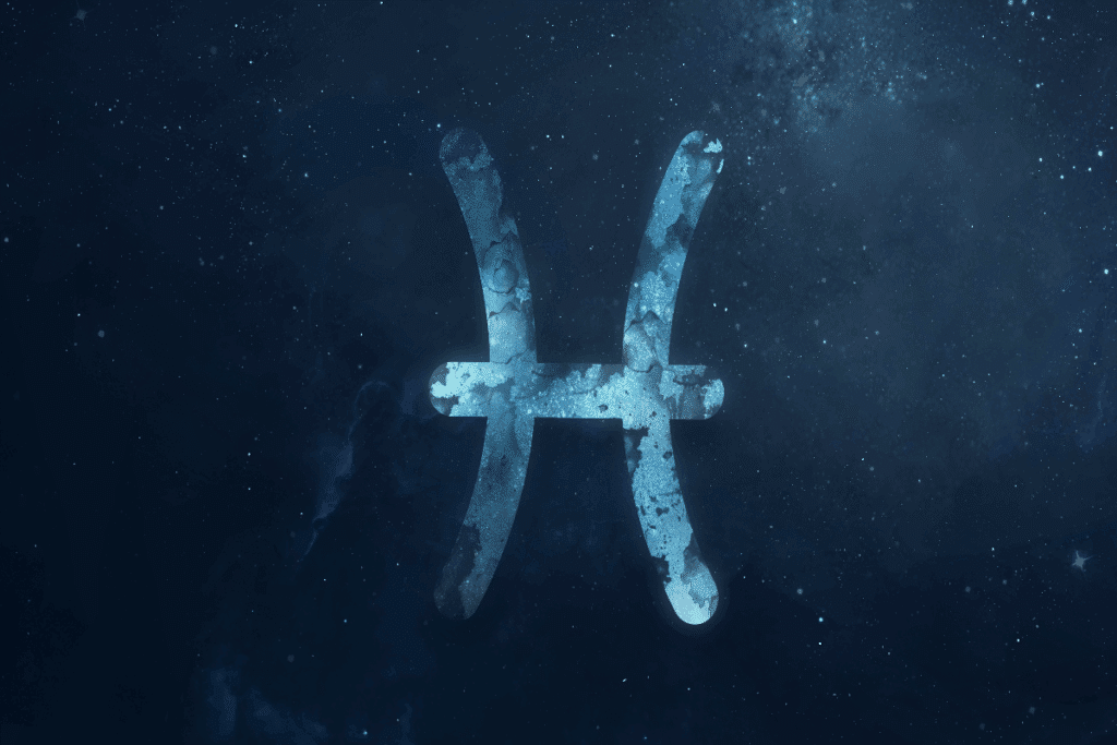 A imagem mostra o símbolo do signo de Peixes em destaque sobre um fundo que representa o espaço, repleto de estrelas e nebulosas. O ícone aparece em tons de azul, com textura que se mistura ao cenário cósmico.