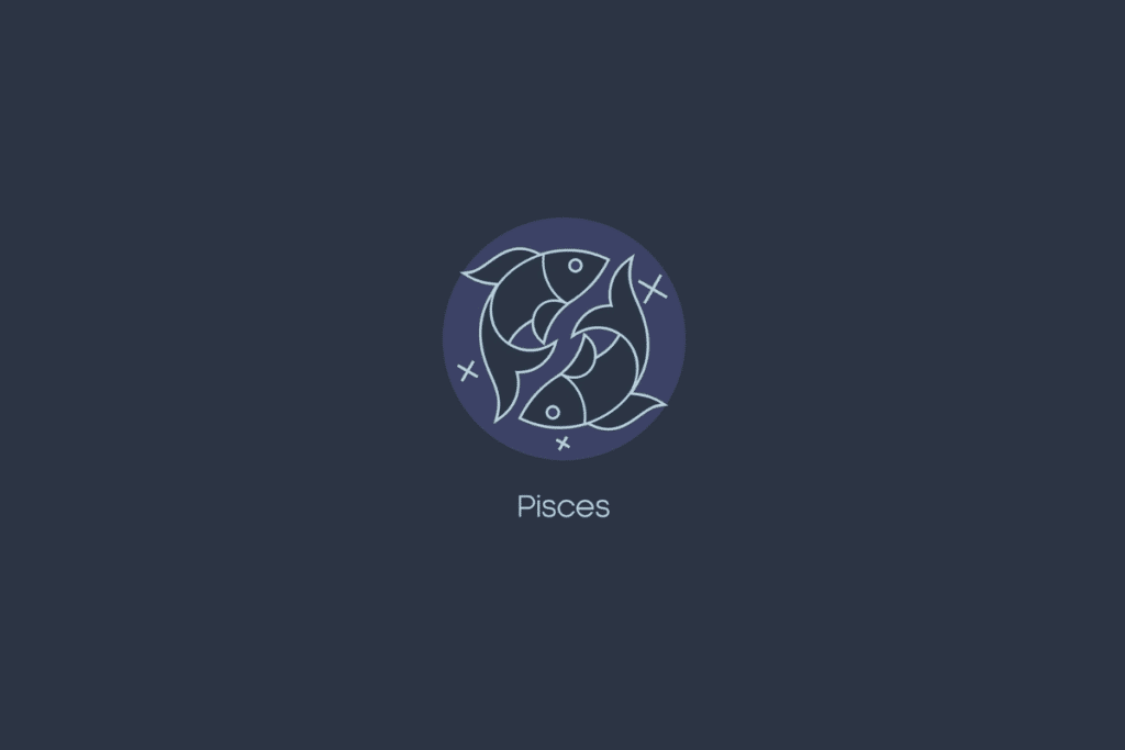Ilustração do signo de peixes dentro de um círculo azul-claro com estrelas, nome do signo abaixo e fundo azul-escuro