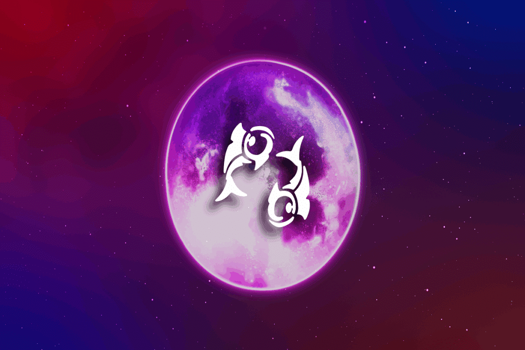 A imagem apresenta uma representação do signo de peixes, com a silhueta branca de dois peixes posicionada no centro de uma lua em tons de roxo e rosa.