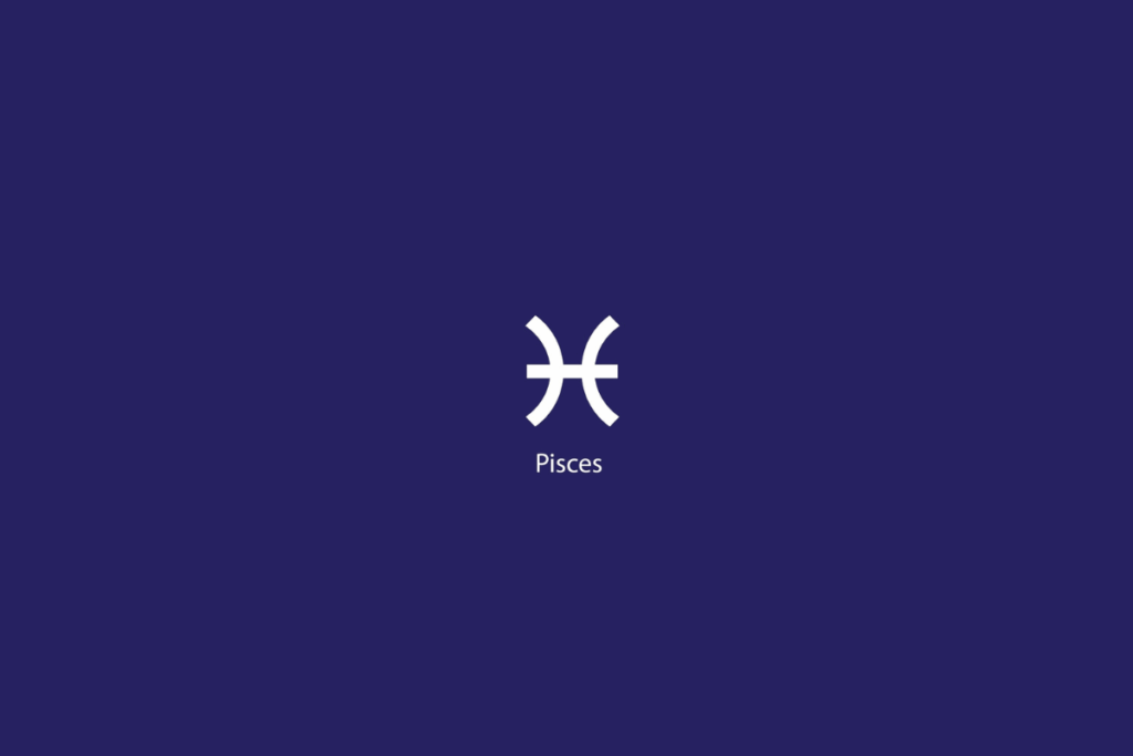 Ilustração do signo de Peixes em branco, com o nome abaixo, centralizado, sobre um fundo azul-escuro