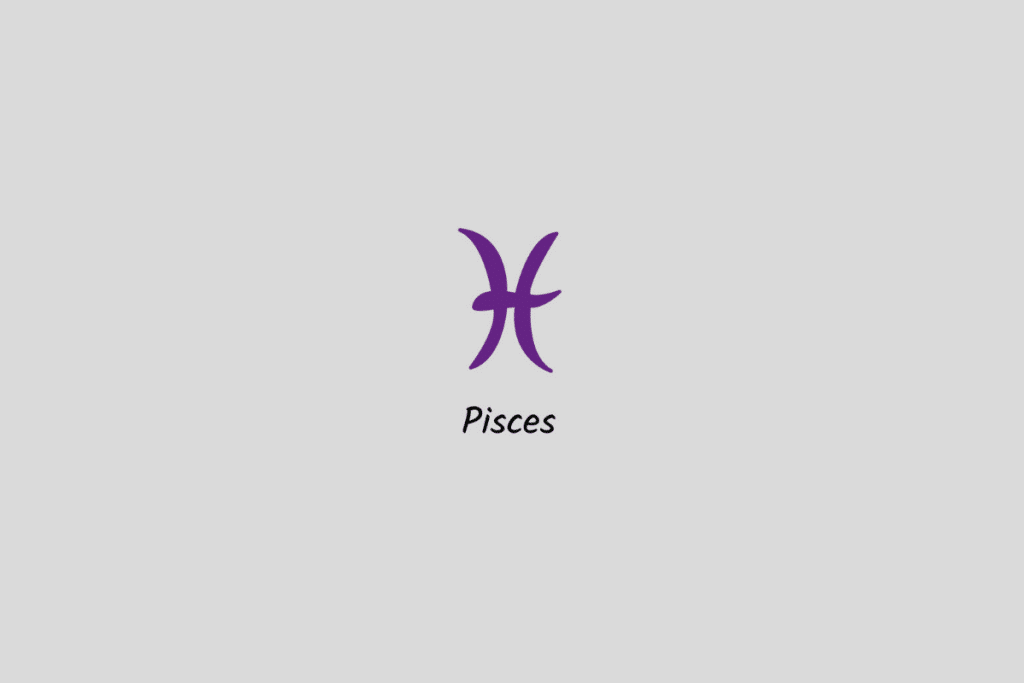 Ilustração do signo de Peixes em roxo, com o nome abaixo, centralizada sobre um fundo cinza-claro