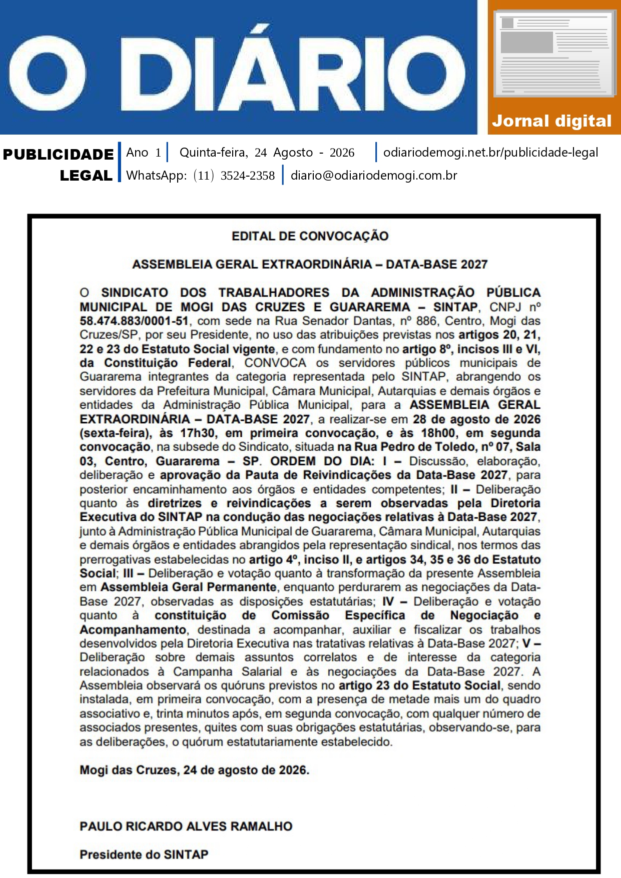 Segunda-Feira , 24 de Agosto