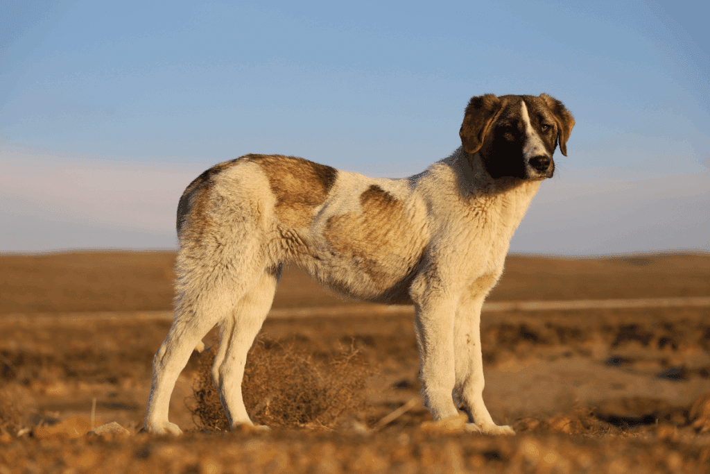 Filhote de cachorro de porte grande com pelagem branca e marrom